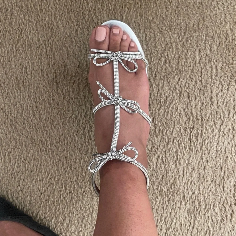 INC International Concepts Silver Rhinestone Bow T-Strap Heels - Picture 4 of 4